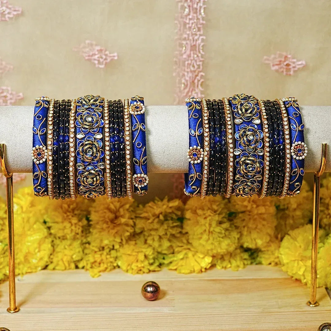 Traditional Handmade Thread Work Glass Bangles Set for Women (Both Hands) - The Golden Cascade